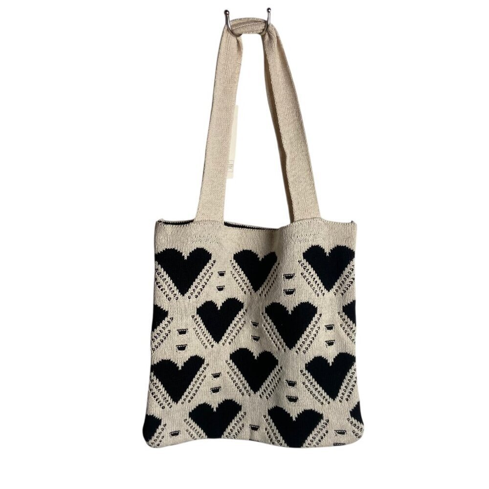 Ninexis Crochet Knitted Tote Bag Cream Black Heart Pattern Hobo Granny Casual